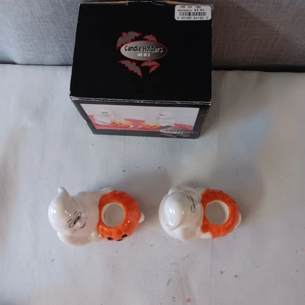 Vintage Halloween Ceramic Ghost Pumpkin Taper Candle Holders Set of 2 Decor
